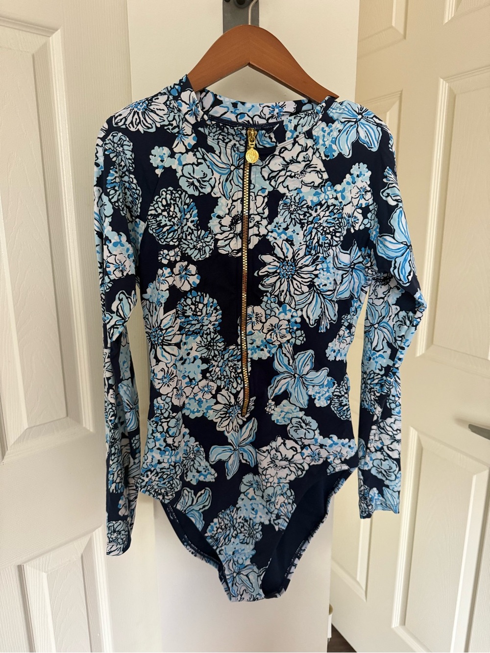 Lilly Pulitzer Navy Blue Floral Zip-Front Long-Sleeve One-Piece Swimsuit